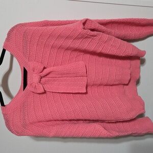 New Hot Pink Casual Women's Minimalist Bow Decor Crew Neck Sweater